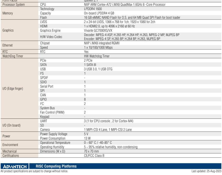 研華ROM-7720 基于NXP i.MX 8QM Qseven Arm核心模塊，多核異構，具備優異的計算及圖形顯示性能