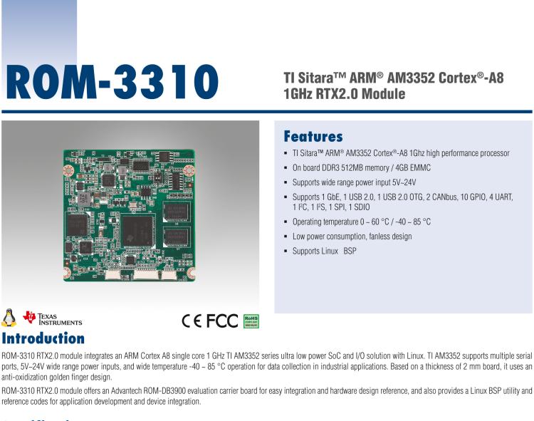 研華ROM-3310 基于TI AM3352 Cortex A8 1GHz RTX 2.0 的標準核心板，適用于寬溫抗震等工業自動化領域