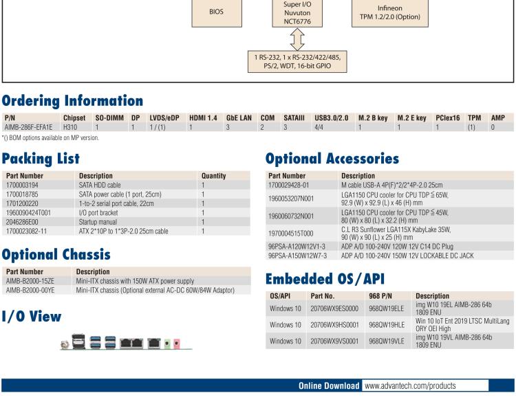 研華AIMB-286EF 適配Intel 第8/9代 Core i 處理器，搭載Intel H310芯片組。擁有1個PCIe x16插槽。超薄設計，接口豐富，是高端應用中的高性價比方案。