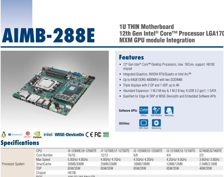 研華AIMB-288E 板載Intel 第12代 Core i 桌面級CPU。橫向顯卡插槽，搭配NVIDIA Quadro T1000 MXM顯卡。超薄散熱設計，高性能選擇方案。