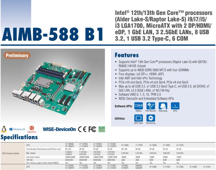 研華AIMB-588B1 適配Intel 第12/13代 Core i/奔騰系列處理器，搭載Q670E/R680E/H610E芯片組。性能可達服務器級別，獨立四顯，具備專業的圖像處理能力，是理想的行業解決方案。