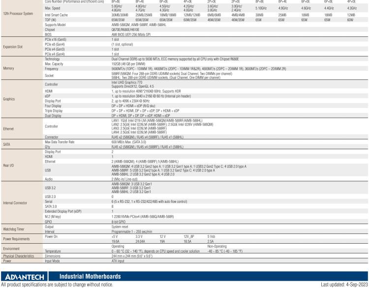 研華AIMB-588B1 適配Intel 第12/13代 Core i/奔騰系列處理器，搭載Q670E/R680E/H610E芯片組。性能可達服務器級別，獨立四顯，具備專業的圖像處理能力，是理想的行業解決方案。