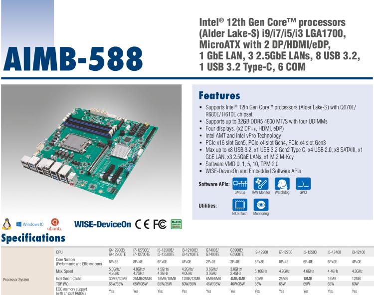 研華AIMB-588 適配Intel 第12代 Core i 系列處理器，搭載Q670E/ R680E/ H610E芯片組。高性能可達服務器級別高端產品，獨立四顯，專業的圖像處理能力，是理想的行業解決方案。