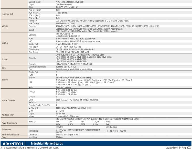 研華AIMB-588 適配Intel 第12代 Core i 系列處理器，搭載Q670E/ R680E/ H610E芯片組。高性能可達服務器級別高端產品，獨立四顯，專業的圖像處理能力，是理想的行業解決方案。