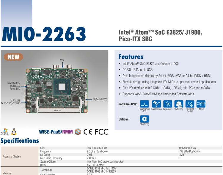 研華MIO-2263 2.5寸Pico-ITX主板，搭載Intel? Atom? SoC E3825/ J1900處理器的2.5寸Pico-ITX單板電腦，采用DDR3L內存，支持24-bit LVDS + VGA/HDMI獨立雙顯，帶有豐富I/O接口：1個GbE、半長Mini PCIe、4個USB、2個COM、SMBus、mSATA & MIOe