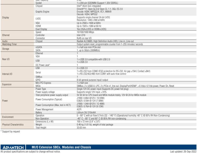 研華MIO-2263 2.5寸Pico-ITX主板，搭載Intel? Atom? SoC E3825/ J1900處理器的2.5寸Pico-ITX單板電腦，采用DDR3L內存，支持24-bit LVDS + VGA/HDMI獨立雙顯，帶有豐富I/O接口：1個GbE、半長Mini PCIe、4個USB、2個COM、SMBus、mSATA & MIOe