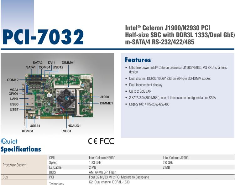 研華PCI-7032 Intel? Celeron J1900/N2930 PCI Half-size SBC with DDR3L 1333/Dual GbE/m-SATA/4 RS-232/422/485