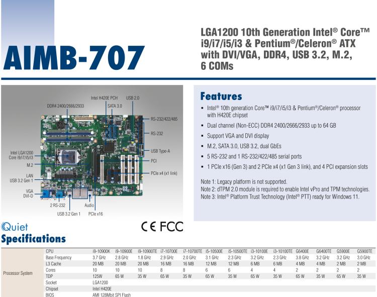 研華AIMB-707 LGA1200 10th Generation Intel? Core? i9/i7/i5/i3 & Pentium?/Celeron? ATX with DVI/VGA, DDR4, USB 3.2, M.2, 6 COMs