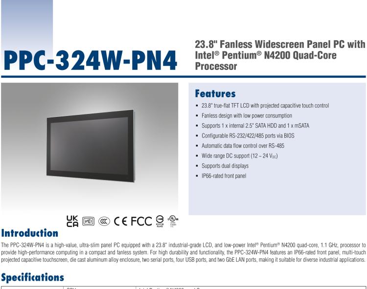 研華PPC-324W-PN40B 23.8" 寬屏無風扇工業平板電腦, 搭載Intel? Pentium? N4200 四核心處理器