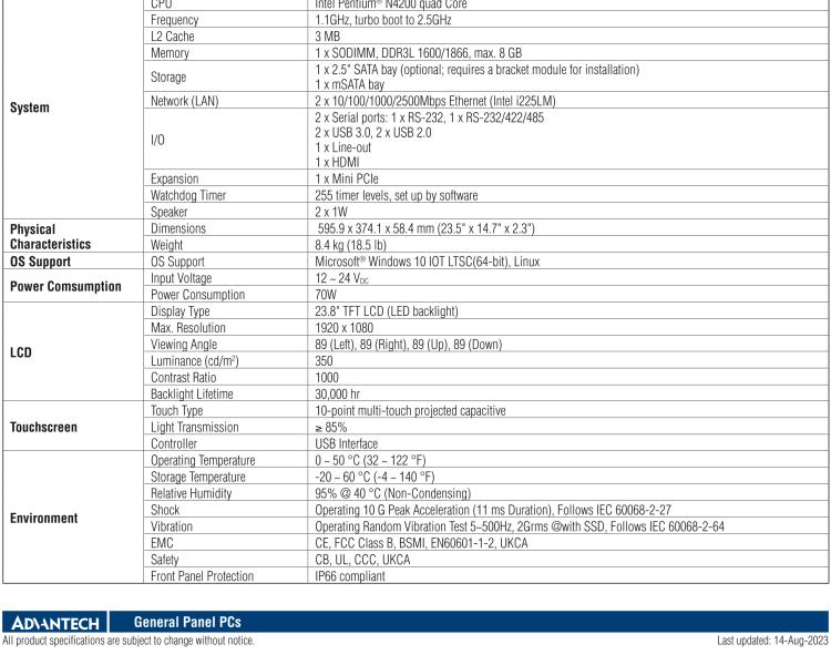 研華PPC-324W-PN40B 23.8" 寬屏無風扇工業平板電腦, 搭載Intel? Pentium? N4200 四核心處理器