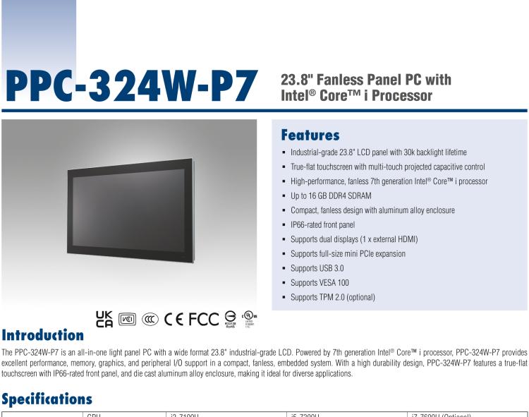 研華PPC-324W-P7 23.8" 寬屏無風扇工業平板電腦 Intel? Core? i 處理器