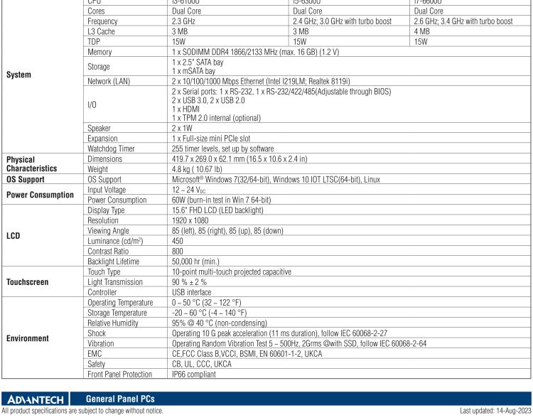 研華PPC-3151SW 15.6" 無風扇工業平板電腦, 搭載 Intel? 第六代 Core? i 處理器