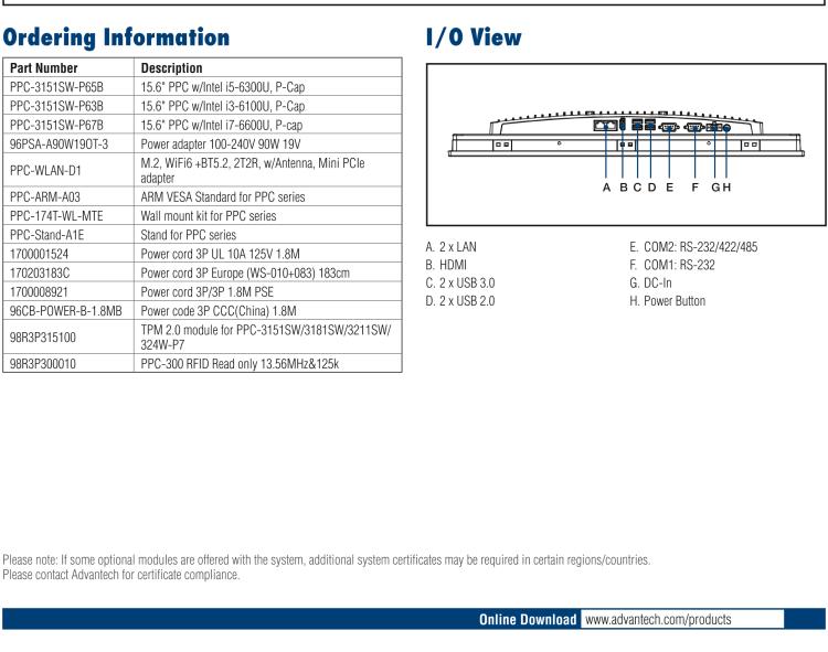 研華PPC-3151SW 15.6" 無風扇工業平板電腦, 搭載 Intel? 第六代 Core? i 處理器