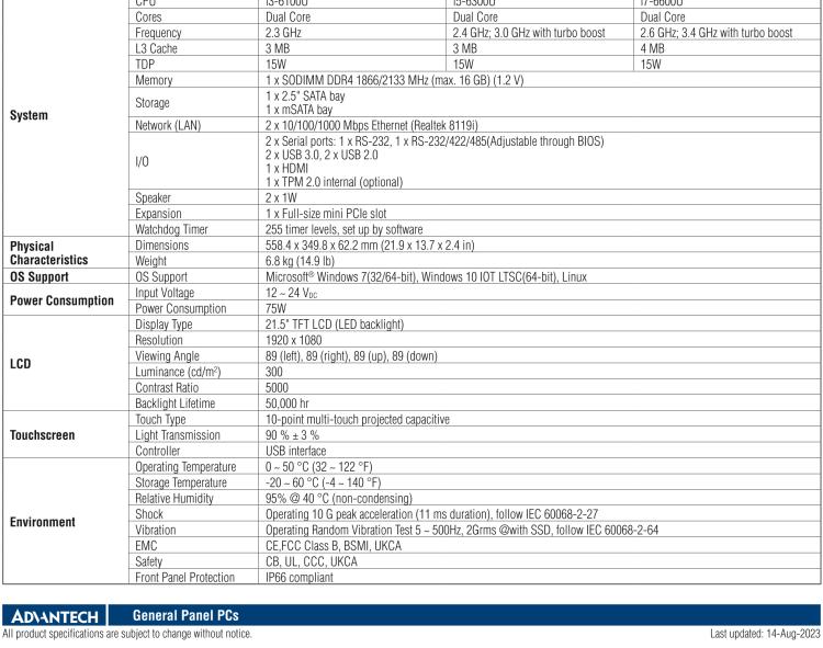 研華PPC-3211SW 21.5"無風扇工業平板電腦, 搭載Intel? 第六代 Core? i 處理器