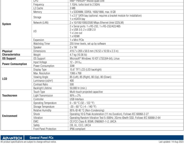 研華PPC-3150SW 15.6" 寬屏無風扇工業平板電腦，搭載 Intel? Pentium? N4200 四核心處理器