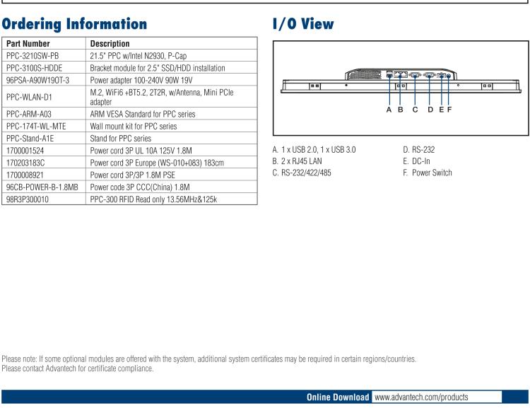 研華PPC-3210SW 21.5"無風扇工業平板電腦, 搭載 Intel? Celeron? N2930 處理器