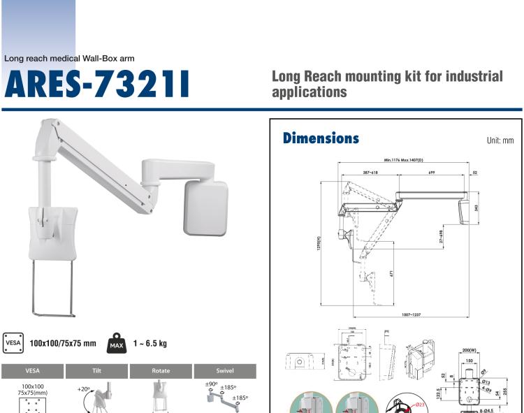 研華ARES-7600C Bundled with ARES-7621C, ARES-7600C provides a medical grade ceiling long reach arm with VESA standard holes that can be used with bedside PIT.