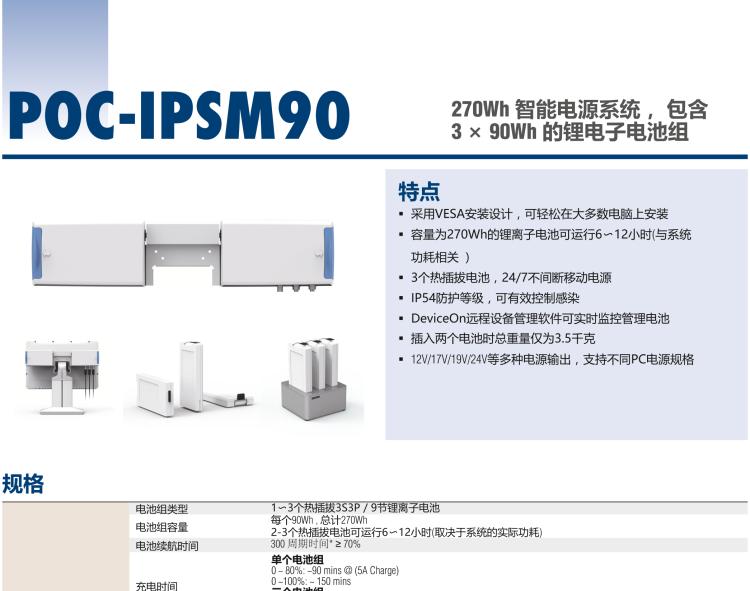 研華POC-IPSM90 270Wh 智能電源系統， 包含 3 × 90Wh 的鋰電子電池組