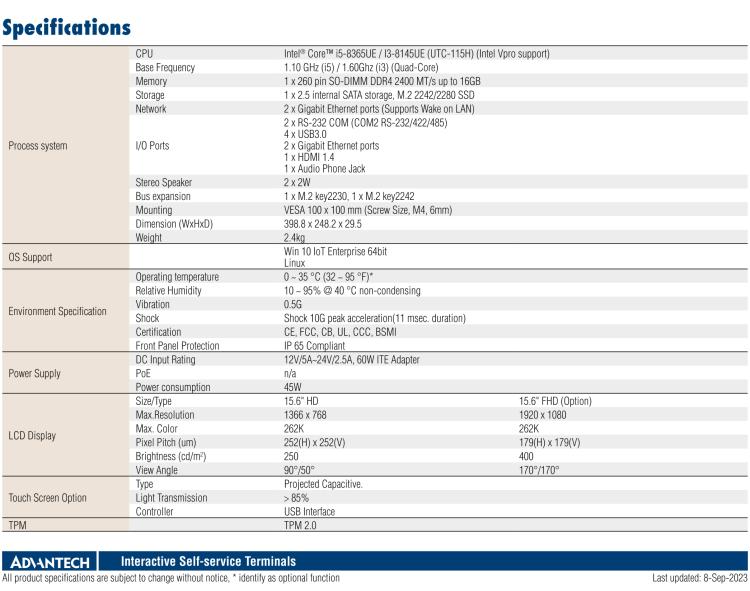 研華UTC-115H 15.6" 多功能觸控一體機，搭載 Intel? Core? i5-8365UE