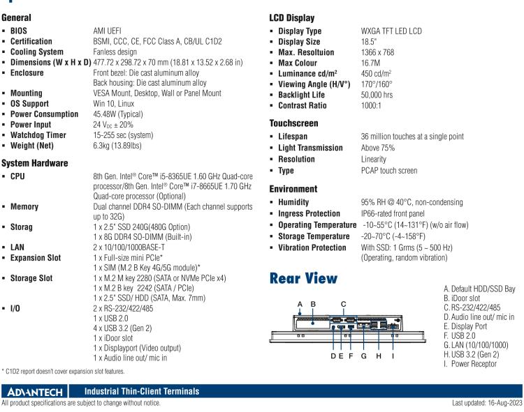 研華TPC-318WH Computer with 8th Gen. Intel? Core? i5 Processor, built-in 8G DDR4 RAM and UL Class 1 Division 2