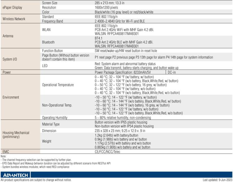 研華EPD-660 13.3"電子紙解決方案，Wi-Fi，用于醫院床邊卡和智能建筑標牌。