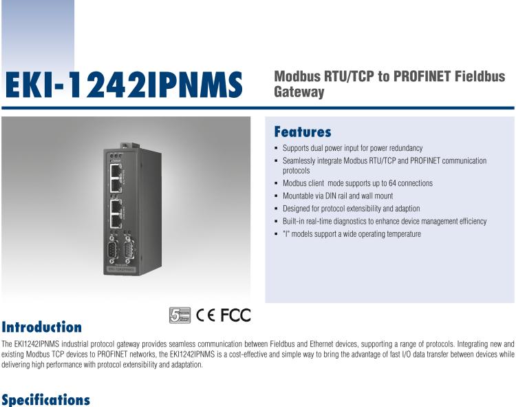 研華EKI-1242IPNMS Modbus RTU/TCP to PROFINET Protocol Gateway, Wide Temperature