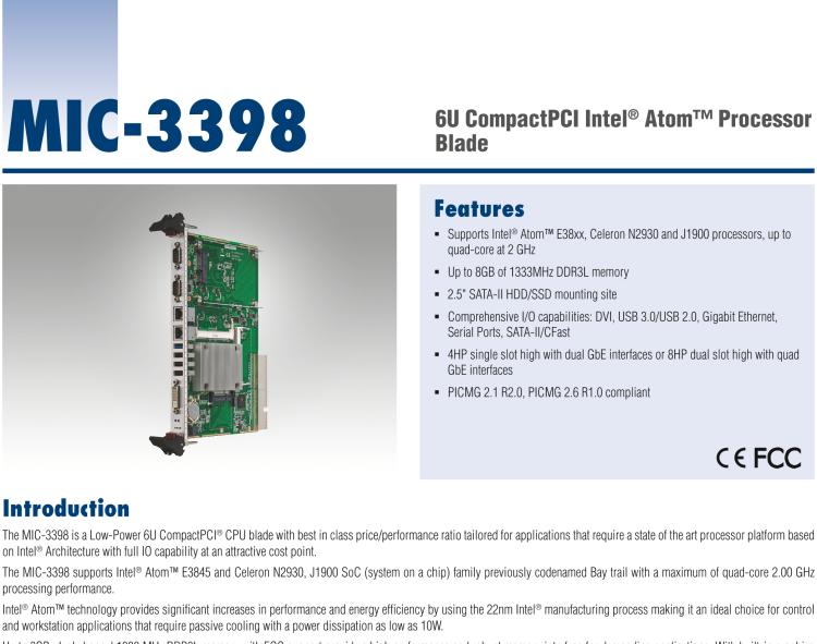 研華MIC-3398 基于Intel?Atom?處理器6U CompactPCI 刀片計算機