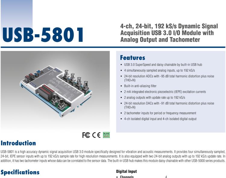 研華USB-5801 4路，24位，192 kS / s的動態信號采集USB 3.0 I / O模塊使用模擬輸出和轉速計