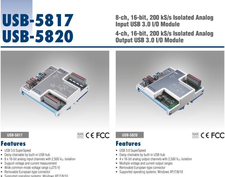 研華USB-5820 4通道，16位，200 kS / s隔離模擬輸出USB 3.0 I/O模塊