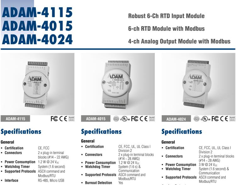 研華ADAM-4115-B ADAM-4115 6 通道 RTD 輸入模塊可接受多種 RTD 傳感器類型，包括 Pt100、Pt1000、Ni50、Ni508 和 Balco 500 系列