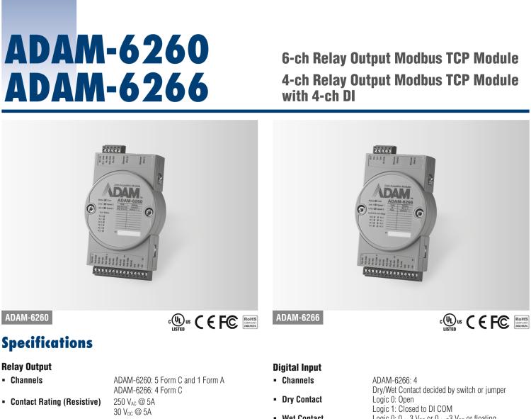 研華ADAM-6266 支持Modbus TCP的4路繼電器輸出模塊，帶4路DI