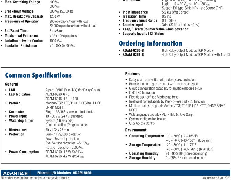 研華ADAM-6260 支持Modbus TCP的6路繼電器輸出模塊