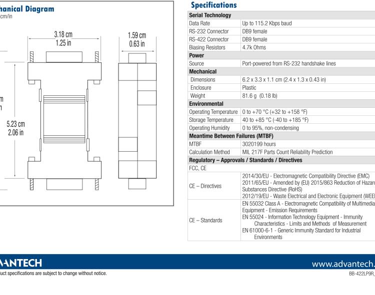 研華BB-422LP9R 串口轉換器，RS-232 DB9 F至RS-422 DB9 F，端口供電